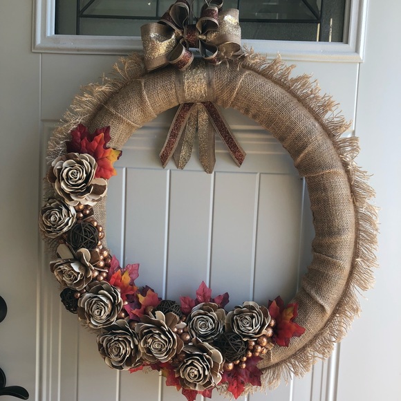 Fall Wreath RosesLeaves on Burlap Loop - Picture 2 of 8